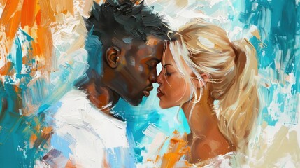 Interracial couple in love - abstract painting with brush strokes - handsome black man and blond woman