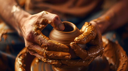 Hands of potter making clay pot. Close up process shot of a potter's hands shaping clay on a pottery wheel