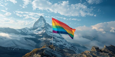 Pride on the Summit: Rainbow Flag Soaring on Mountain Peak with Negative Space
