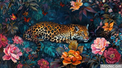 Obraz premium Colorful wild tigers appear among the tropical foliage.