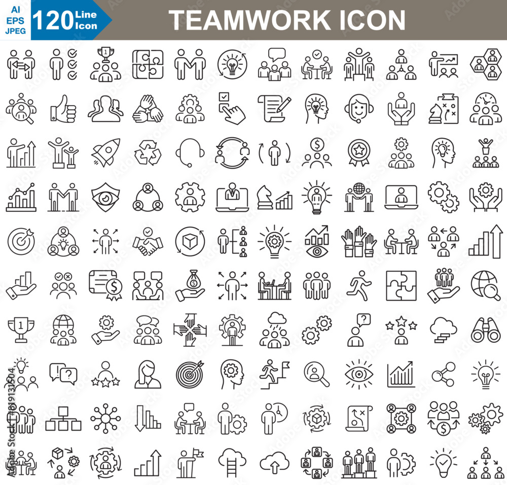Wall mural a set of line icons representing teamwork, showcasing various elements such as collaboration, commun