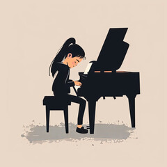 Asian girl playing the piano in a clip art style