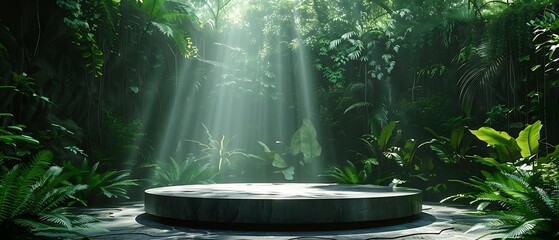 circular pedestal in a serene, tropical forest environment. The setting should be illuminated with...