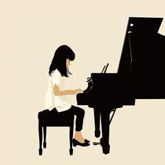 Asian girl playing the piano - clip art style