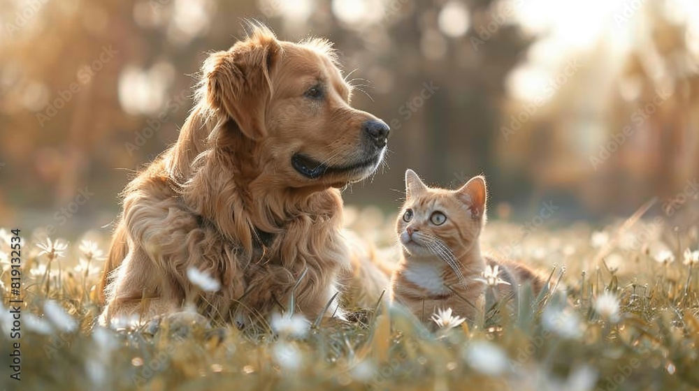 Wall mural Colourful meadow, pets enjoying springtime hunt, festive tradition, ample copy space, seasonal joy, bright photo 8K , high-resolution, ultra HD,up32K HD