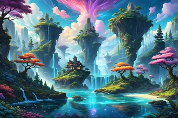 Fantasy landscape in cartoon style. Beautiful mountain and garden views. Suitable for wallpaper background