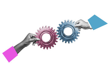 Human hands joining gear wheels together as effective unity and productive teamwork concept....