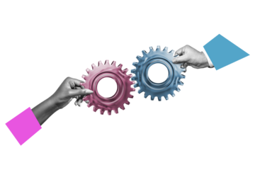 Human hands joining gear wheels together as effective unity and productive teamwork concept. Business people joining gears on isolated free png background. Flat designed concept.