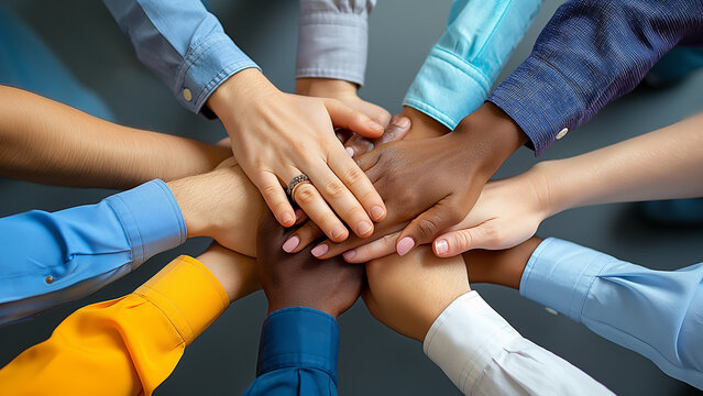 A circle of hands from diverse office colleagues, symbolizing unity, collaboration, and the power of teamwork in the working or office environment.