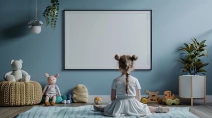Poster frame in children's room with dolls and toys