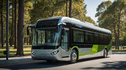 Modern bus powered by hydrogen fuel cell parked on the street near forest. Zero emission, sustainable transport and travel. Green energy	