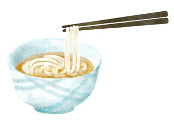 水彩風のうどんのイラスト　箸持ち上げ　素うどん　かけうどん