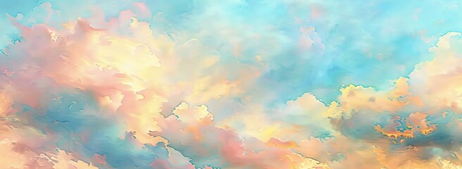 The painting showcases a sunset sky filled with colorful clouds