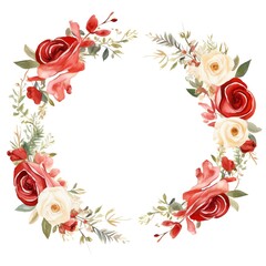A traditional wedding frame with red and white roses, watercolor illustration, blank middle area.