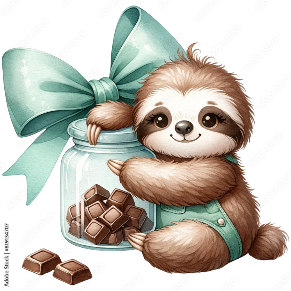 Wall mural Cute Sloth Chocolate Clipart,Chocolate Lover,World Chocolate Day Clipart,Dessert Clipart,Watercolor Sloth Clipart