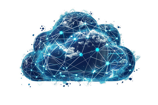 A digital representation of a cloud with interconnected nodes, symbolizing cloud computing and data networks in technology.