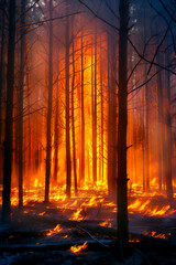 Fototapeta premium Forest fire blaze burning long trees natural disaster nature destruction, vertical