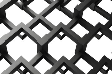 Abstract 3D black geometric pattern with interlocking squares creating a lattice structure on a transparent background.