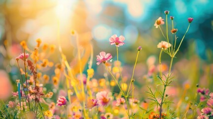  Landscape of beautiful scenery of flowers blooming on the meadow in spring season with sunlight and blue sky background