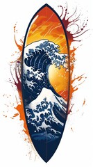 Surfboard with a wave design, vector style, bold colors, capturing the surfing spirit