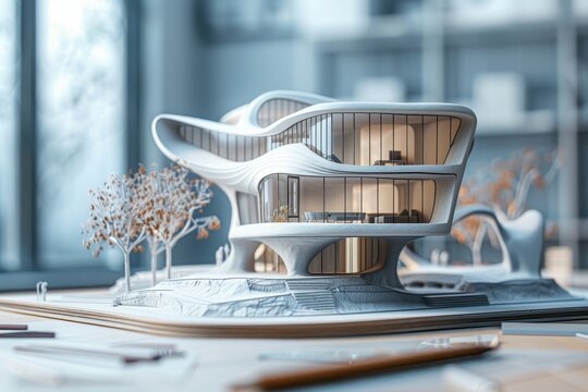 Futuristic architectural model showcasing a unique, flowing design with intricate details and natural elements.