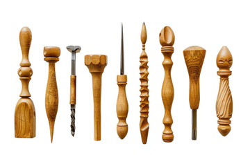 Assorted wood crafting tools and carved wooden pieces arranged in a neat row, showcasing intricate designs and craftsmanship.