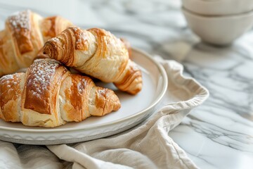 Fresh croissants on a towel on a chic marble surface. Generative Ai