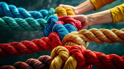 Group of multicultural professionals in a tug-of-war, selective focus on connected hands, concept of partnership resilience, dynamic, Blend mode, corporate retreat backdrop