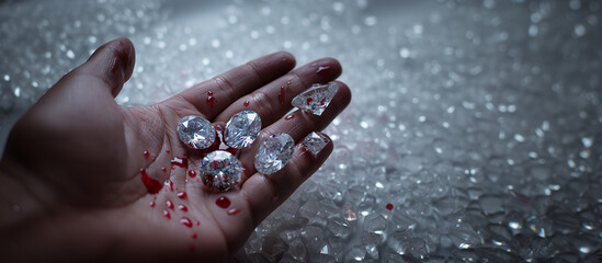 Hand holding blood stained diamonds