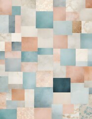 Collage of square and rectangular tiles with different colors, textures, and materials with the range from shades of blue, peach, white and grey, Generative AI.