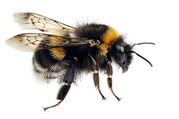 Close-up of a bumblebee isolated on a transparent background. Perfect for nature, insect, and wildlife themes in stock photography.