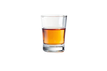 Close-up of a glass shot filled with amber liquor, isolated on transparent background. Perfect for bar, drink, and alcohol-related content.
