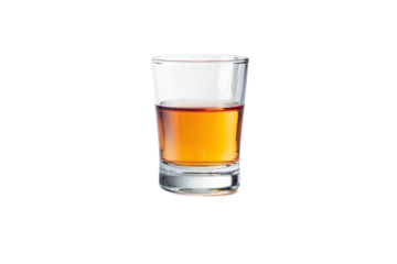 Close-up of a glass shot filled with amber liquor, isolated on transparent background. Perfect for bar, drink, and alcohol-related content.