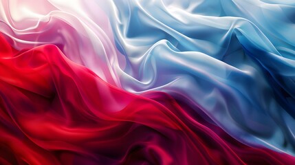 Obraz premium A photographic style of wave-shape background, silk texture, harmonious blend of red, blue, and white. The waves gently flowing across the canvas. Created Using, vibrant color palette, soft lighting