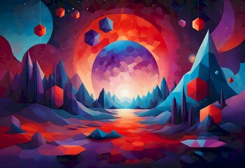 Radiant gateway or portal amidst an otherworldly landscape, with vibrant colors and intricate patterns.with blue, red, and purple hues creating a surreal atmosphere. Generative AI.