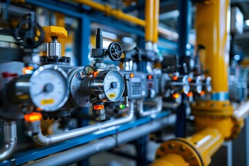 Fototapeta premium Detailed view of industrial pipelines and gauges with a vibrant blue and yellow color scheme.