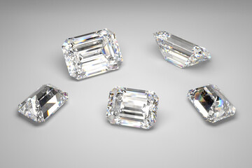 Scattering of diamonds of different sizes on the white background.  Exhibition of precious stones. Emerald cut. 3d rendering.