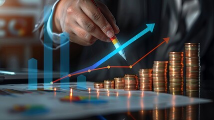 Businessman analyzing financial performance and profitability growth trends from 2023 to 2024. Concept of 2024 business financial plan, market strategies, and revenue increase.