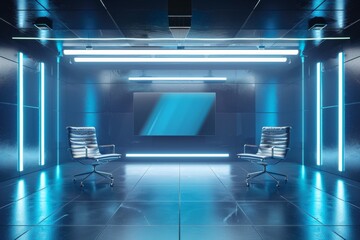 A sleek, high-tech conference room with modern chairs and a large screen under blue neon lights.