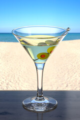 Refreshing cocktail with olives on wooden table in the beach bar.  Picturesque background with sand and sea. Glassware with the drink. 3d rendering.