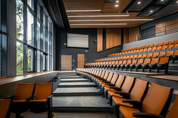 Bright and modern lecture hall with orange seating, large windows, and wooden accents.