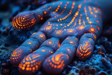 A mesmerizing close-up of a hand illuminated by bioluminescent lights, showcasing a futuristic and artistic design.