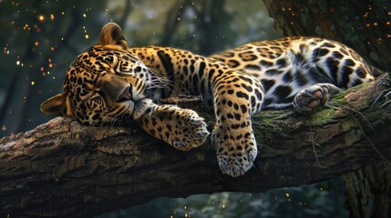 Obraz premium Leopard rest on a tree. A predatory jaguar on a tree