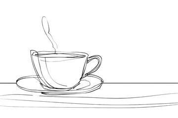 Minimalist line art of a coffee cup and saucer with spoon, perfect for modern kitchen or cafe decor. Simple yet stylish illustration.