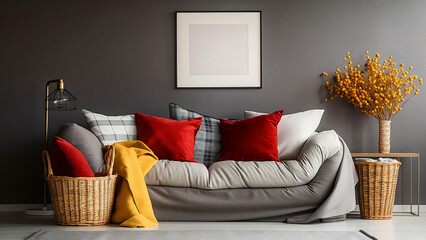 Living room with red and gray checkered cushions, photo frame mock up