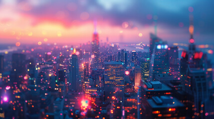 Fototapeta premium As twilight descends upon the cityscape, soft-focus lights cascade a dreamy glow over the skyline
