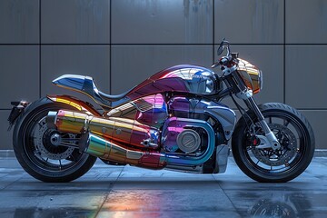 A sleek, chrome motorcycle with a custom paint job featuring a bold, geometric design inspired by...