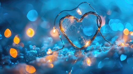 Lights shining in a heart shape on a blue background, Valentines Day