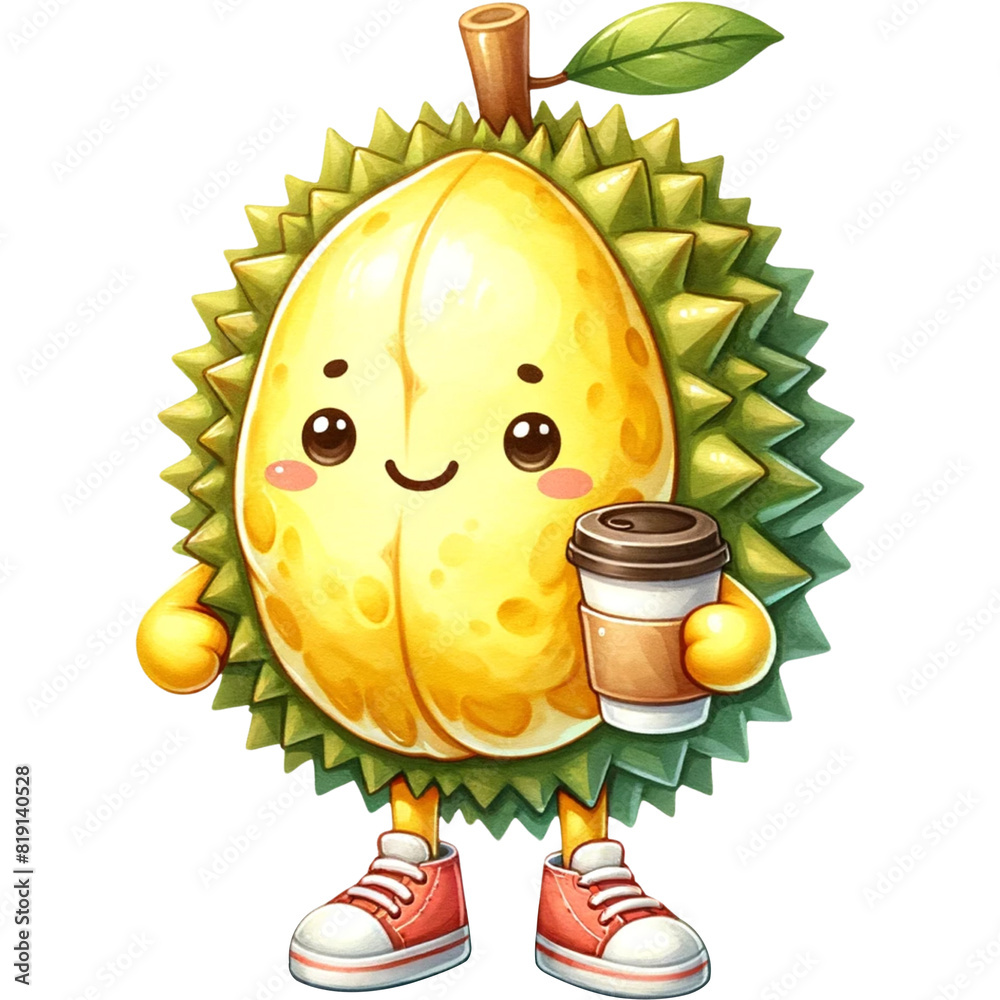 Wall mural cute watercolor durian clipart,durian retro character,durian lover,cute fruit clipart