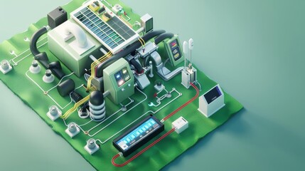 Geothermal heat pump connected to smart home devices, top view, highlighting green technology synergy, digital tone, Analogous Color Scheme